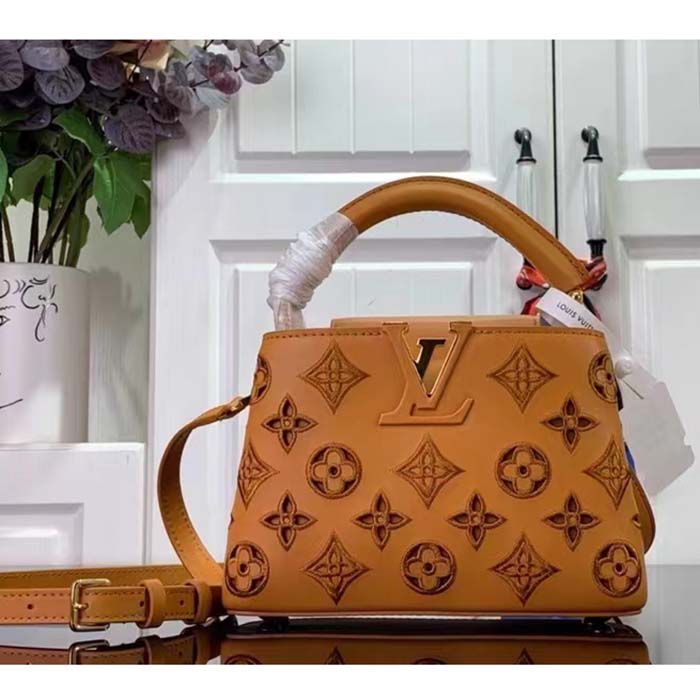 Louis Vuitton LV Women Capucines Mini Handbag Saffron Yellow Calfskin Leather Cowhide Lining