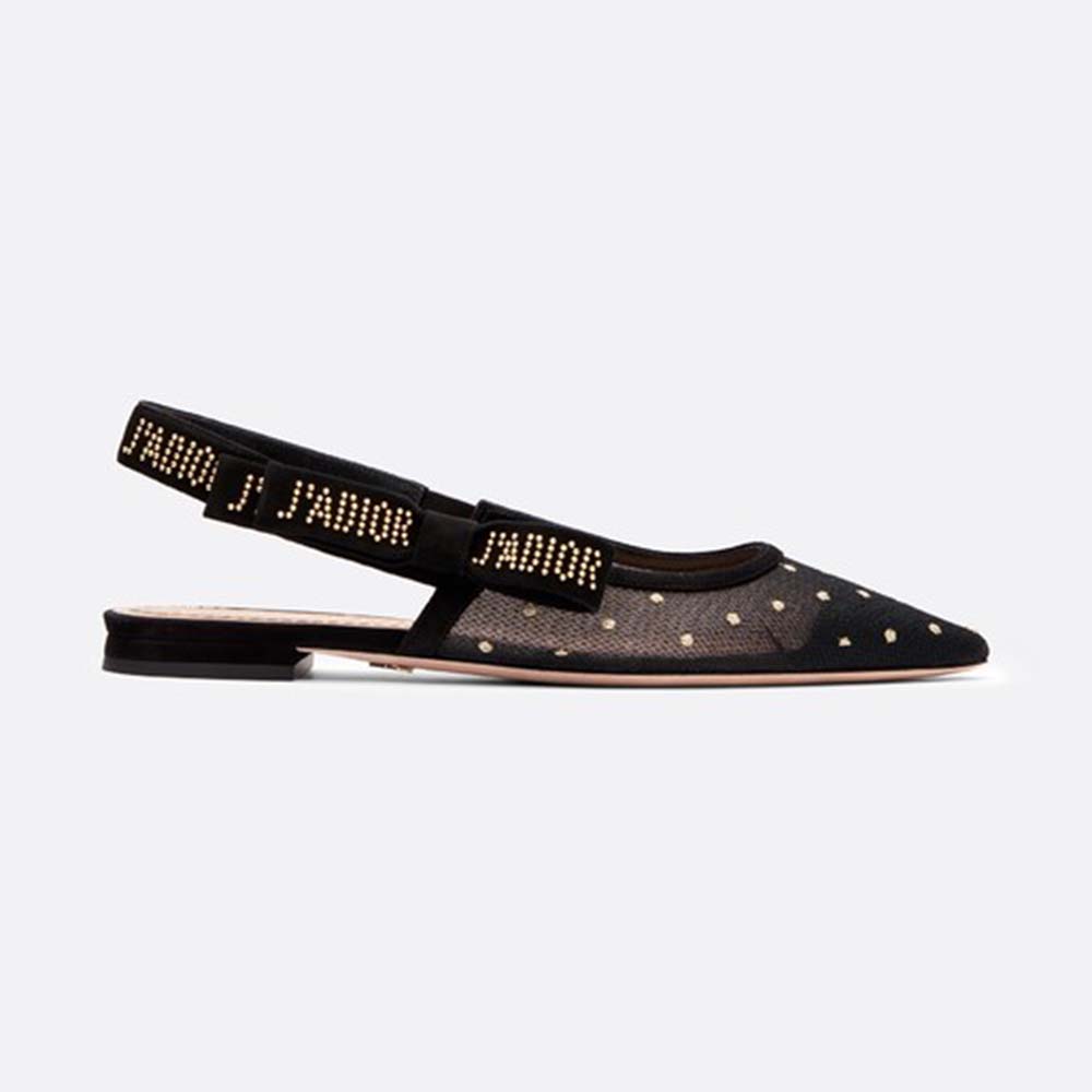 Dior Women J’adior Ballet Pump in Gold-Tone Dotted Swiss in 1cm Heel-Black
