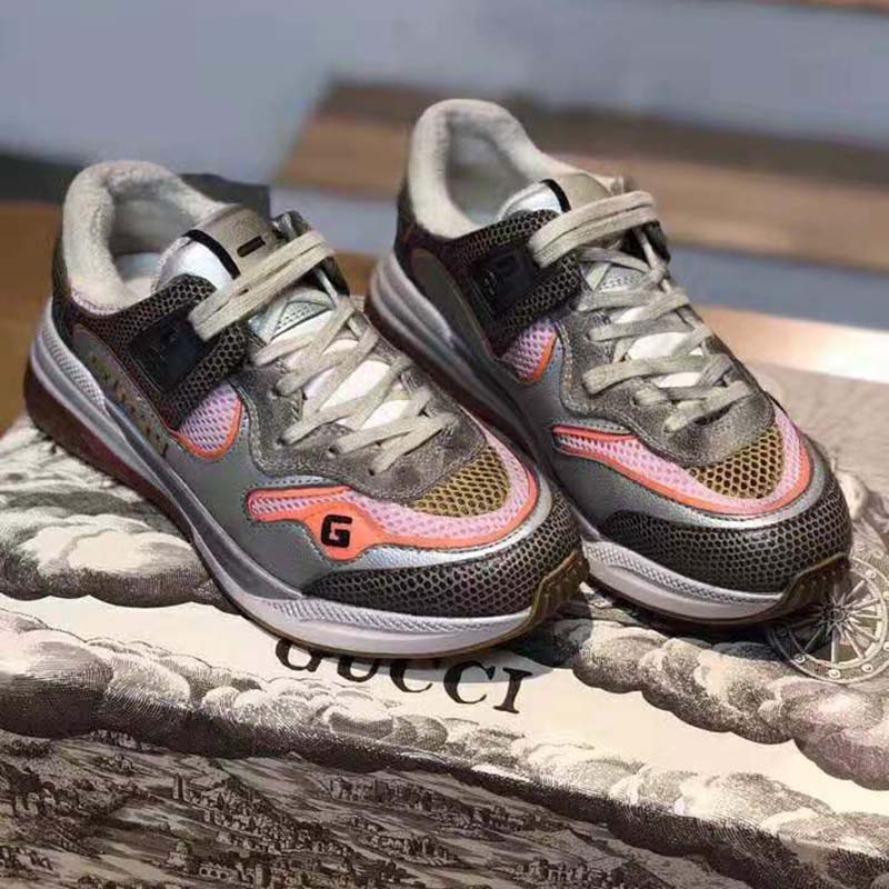 Gucci Unisex Ultrapace Sneaker with Embroidered Gucci and Interlocking G in Metallic Leather-Grey