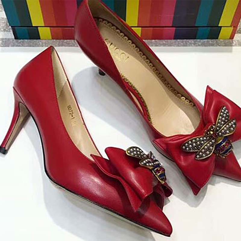 Gucci Women Shoes Leather Mid-Heel Pump with Bow 75mm Heel-Red