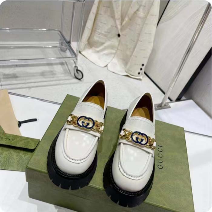 Gucci Women GG Interlocking G Lug Sole Loafer White Leather Rubber Flat 1.5 CM Heel