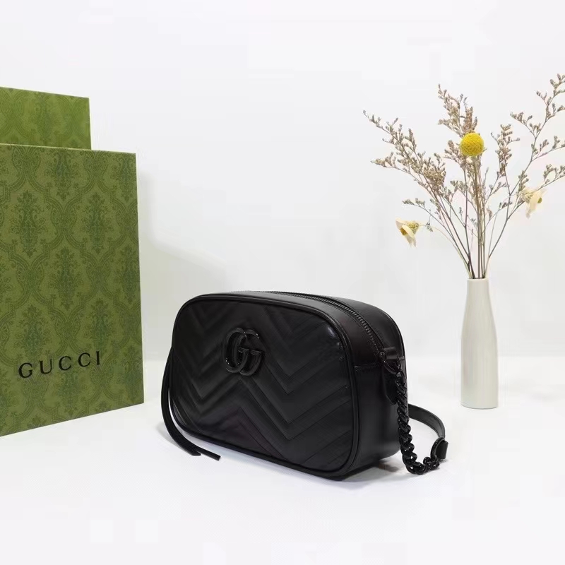 Gucci Women GG Marmont Mini Shoulder Bag Black Matelassé Chevron Leather Double G