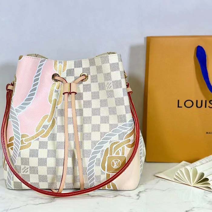 Louis Vuitton Women NeoNoé MM Bucket Bag Damier Azur Coated Canvas