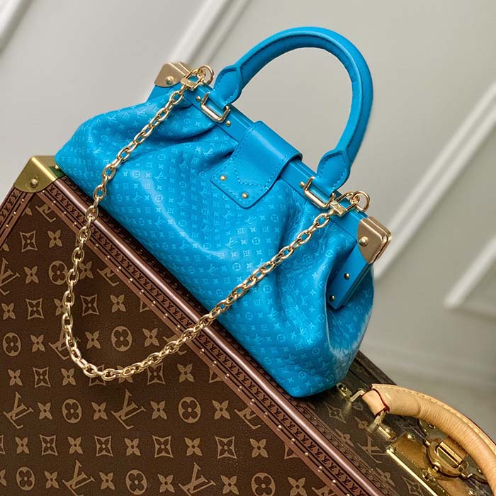 Louis Vuitton LV Women Monogram Clutch Blue Calfskin Leather S-Lock