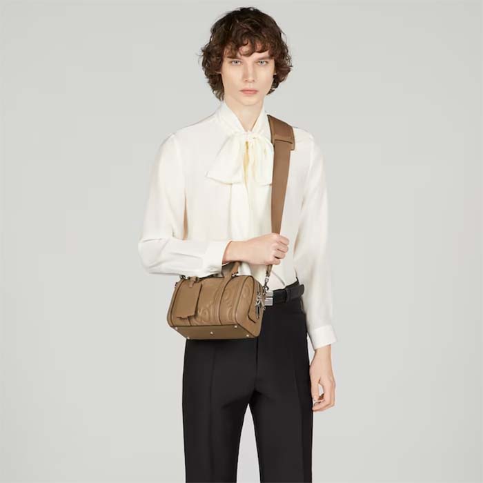 Gucci Unisex Jumbo GG Mini Duffle Bag Taupe Leather Double G Zip Closure