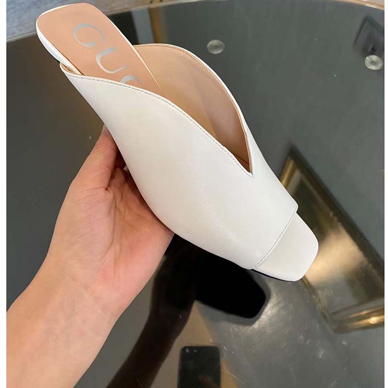 Gucci Women GG Low Heel Sandal White Leather Square Toe Leather Sole 3 Cm Heel