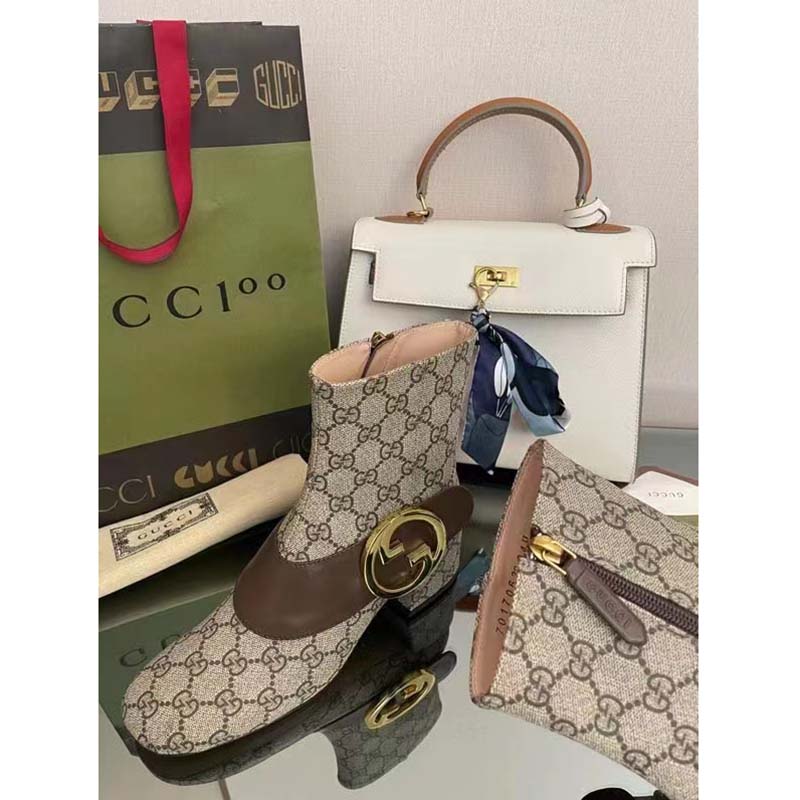 Gucci Blondie Women’s Ankle Boot Beige Ebony GG Supreme Canvas Low 5 Cm Heel