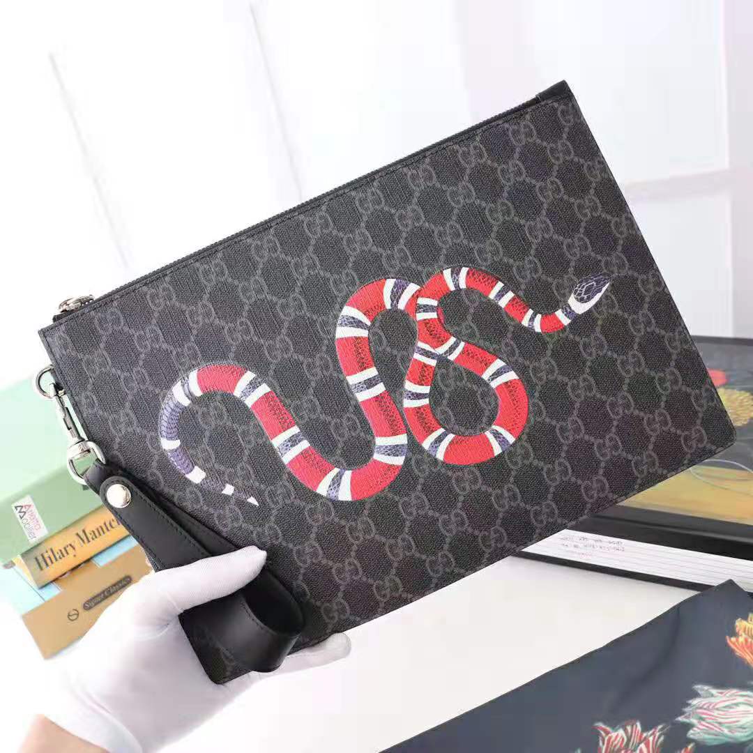 Gucci GG Men Gucci Bestiary Pouch with Kingsnake in Black/Grey GG Supreme Canvas
