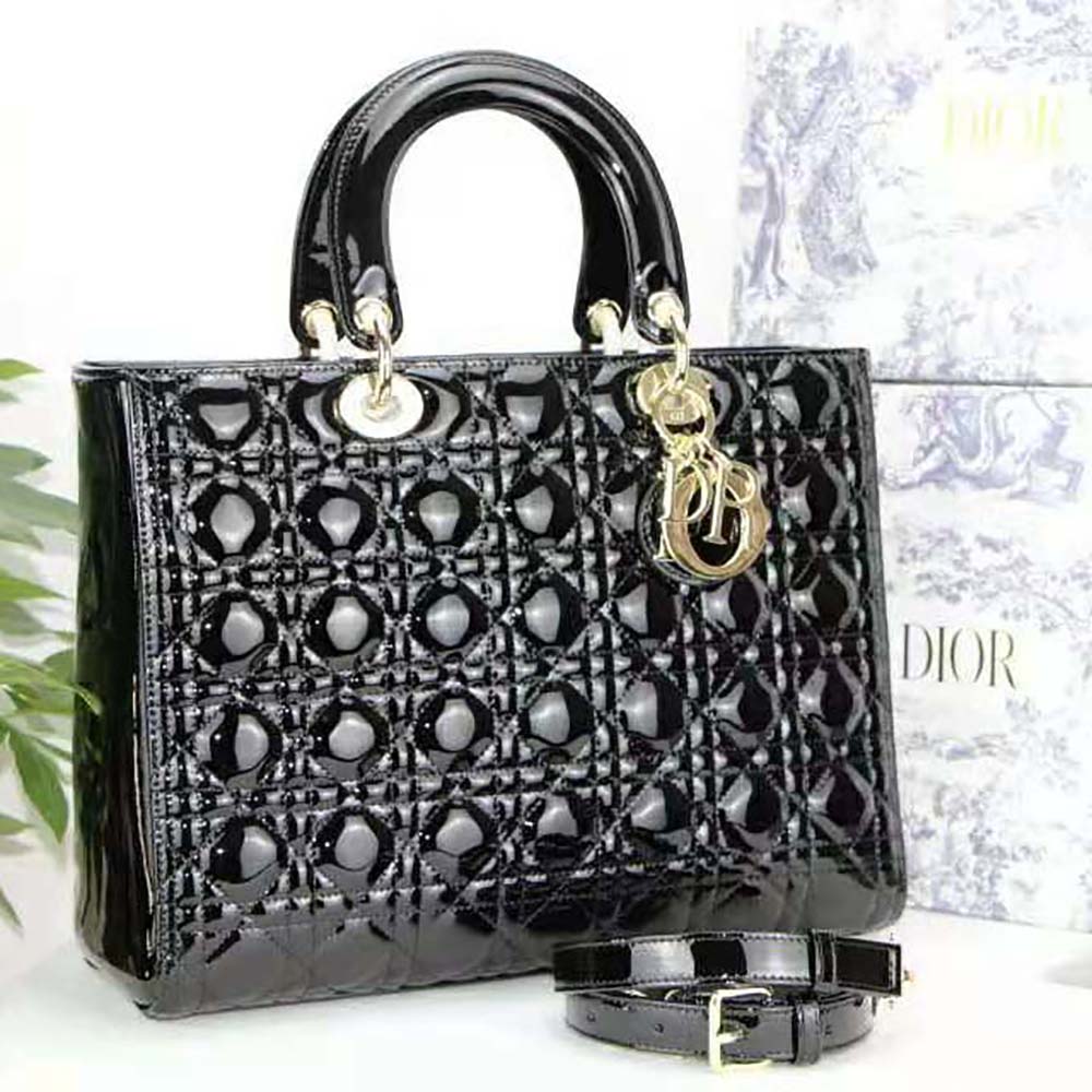 Dior Women Large Lady Dior Bag Black Patent Cannage Calfskin