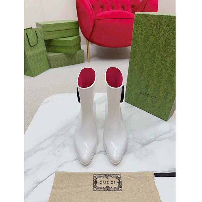 Gucci Women Interlocking G Ankle Boot White Shiny Rubber Matte Point Toe Low-Heel