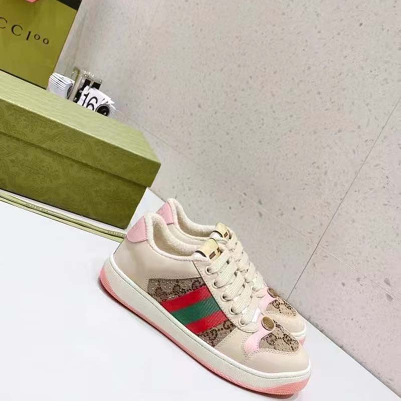 Gucci Unisex Screener Sneaker Crystals Beige Ebony GG Canvas 3.6 cm Heel