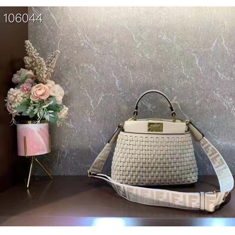 Fendi FF Women Peekaboo Mini Bag Beige Braided Calfskin Leather Bag