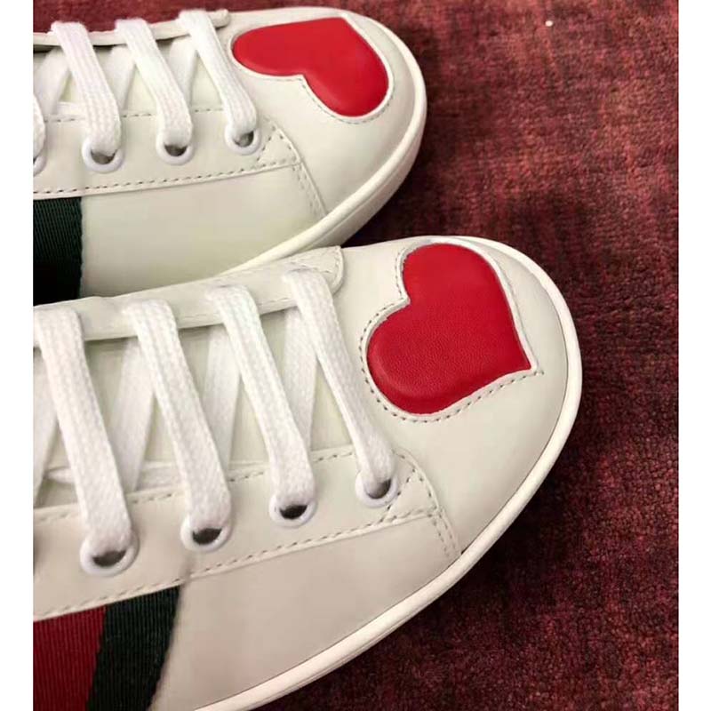 Gucci Women’s Ace Embroidered Sneaker with Two Leather Hearts in Rubber Sole-White