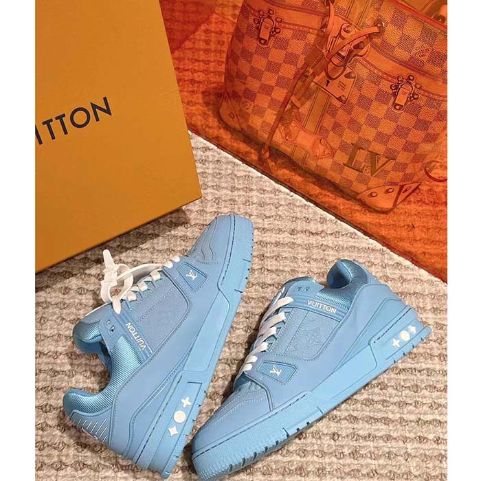 Louis Vuitton Unisex LV Trainer Sneaker Blue Monogram-Embossed Grained Calf Leather