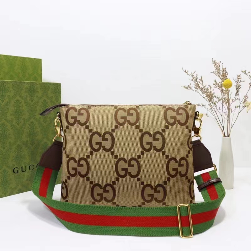 Gucci Unisex Jumbo GG Messenger Bag Camel Ebony Jumbo Canvas