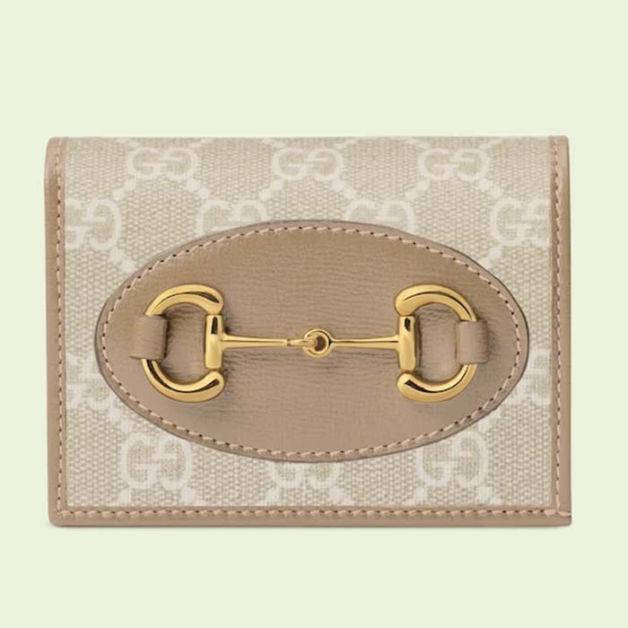 Gucci Unisex Horsebit 1955 Card Case Wallet Beige White GG Supreme Canvas