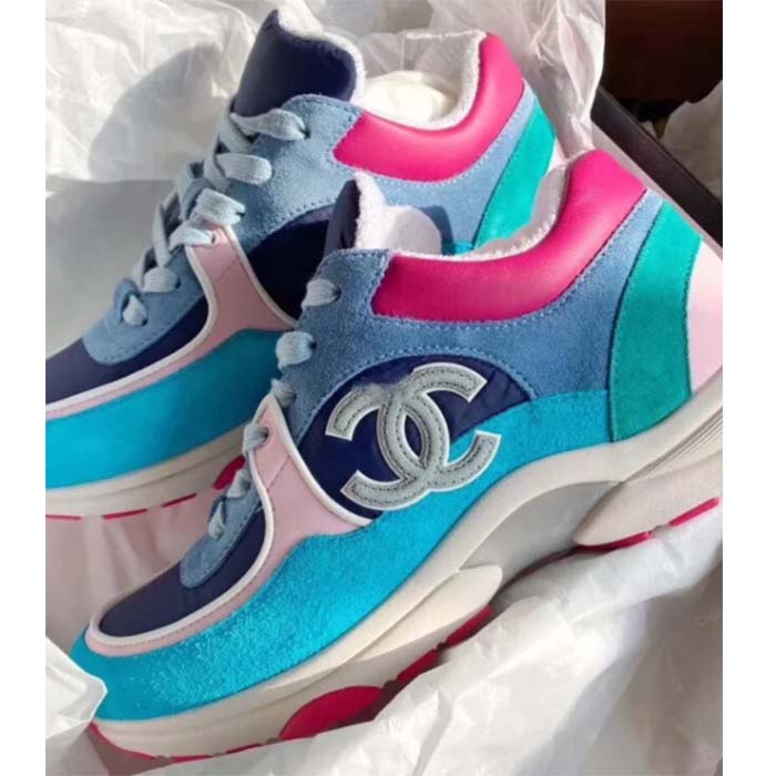 Chanel Women CC Low Top Logo Sneakers Calfskin Suede Blue Leather