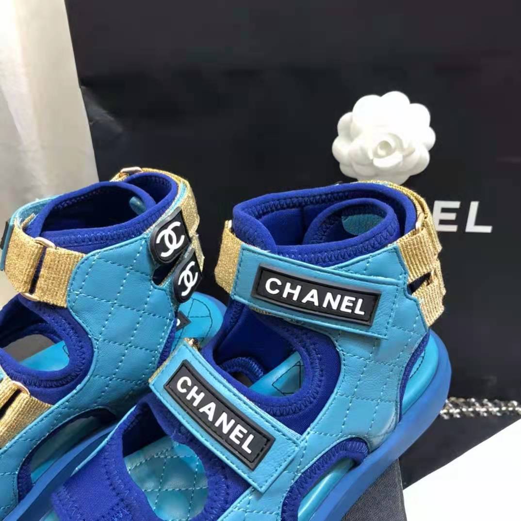 Chanel Women Sandals Goatskin Fabric & TPU Blue Dark Blue & Black