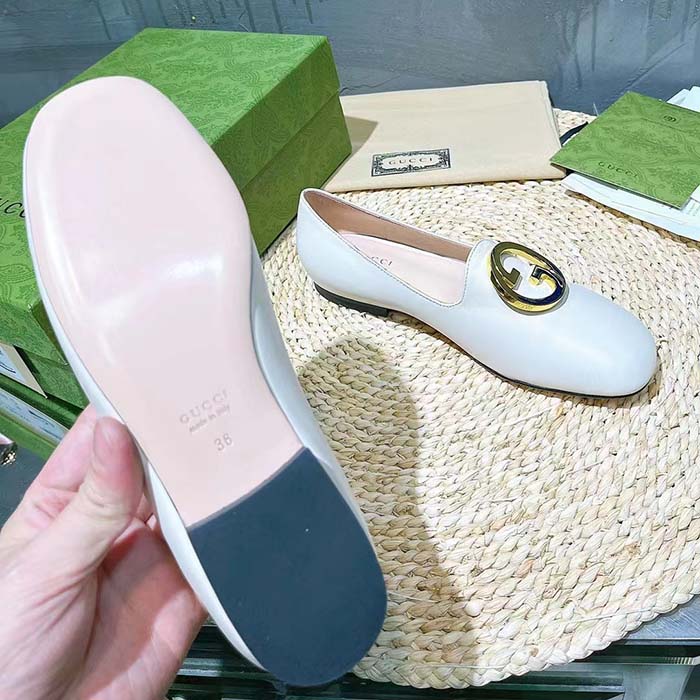 Gucci Women GG Blonde Ballet Flat White Round Interlocking G Leather