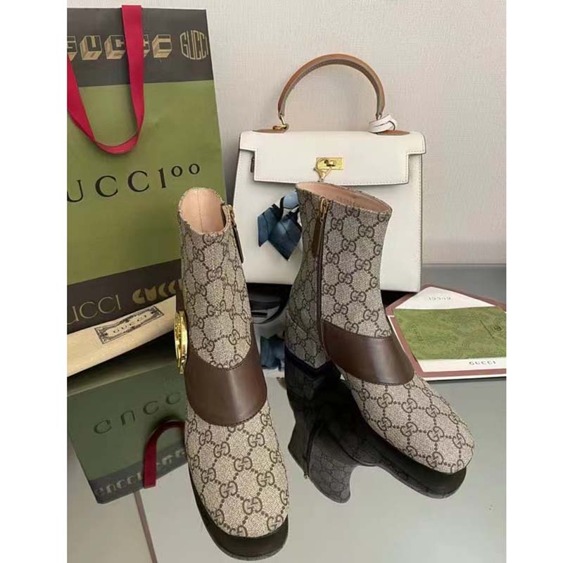 Gucci Blondie Women’s Ankle Boot Beige Ebony GG Supreme Canvas Low 5 Cm Heel