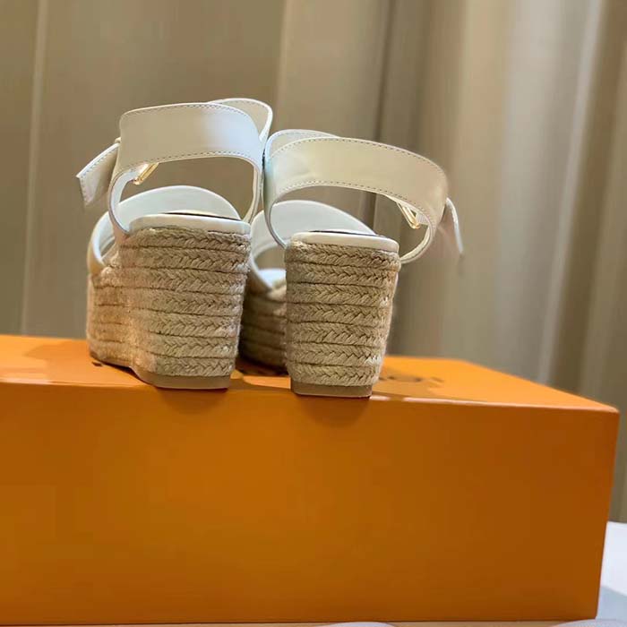 Louis Vuitton LV Women Starboard Wedge Sandal White Monogram-Embroidered Cotton