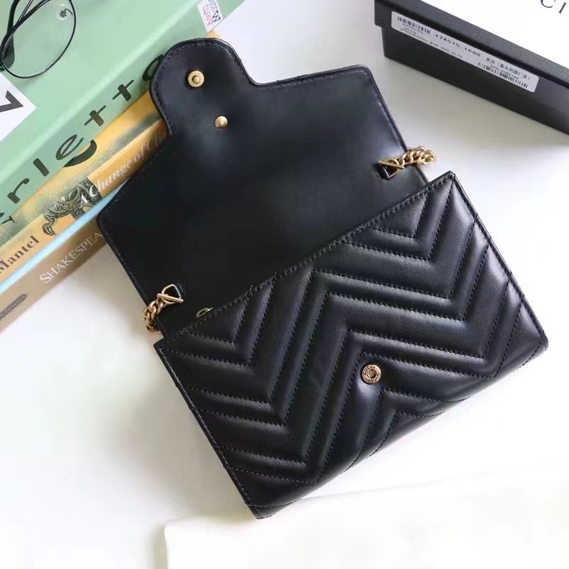 Gucci Women GG Marmont Matelassé Mini Bag Black Chevron Leather Double G