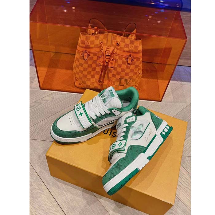 Louis Vuitton LV Unisex LV Trainer Sneaker Green Monogram Denim Rubber Outsole