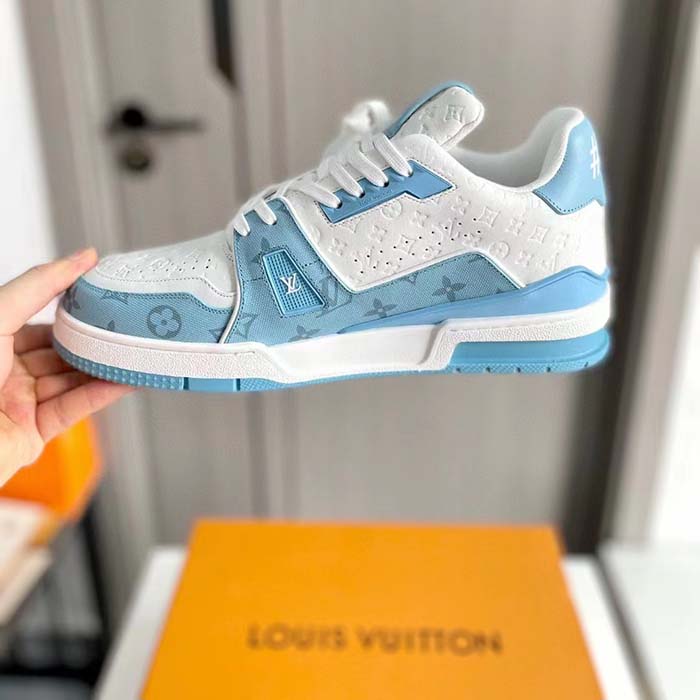 Louis Vuitton Unisex LV Trainer Sneaker Blue Mix Materials Rubber Initials Monogram Flowers