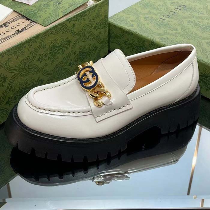 Gucci Women GG Lug Sole Loafer White Leather Interlocking G Chain Rubber Flat