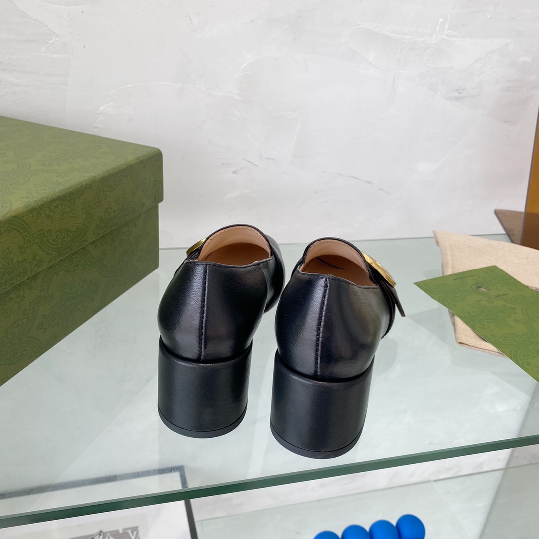 Gucci Women Blondie Mid-Heel Pump Black Leather Round Interlocking G