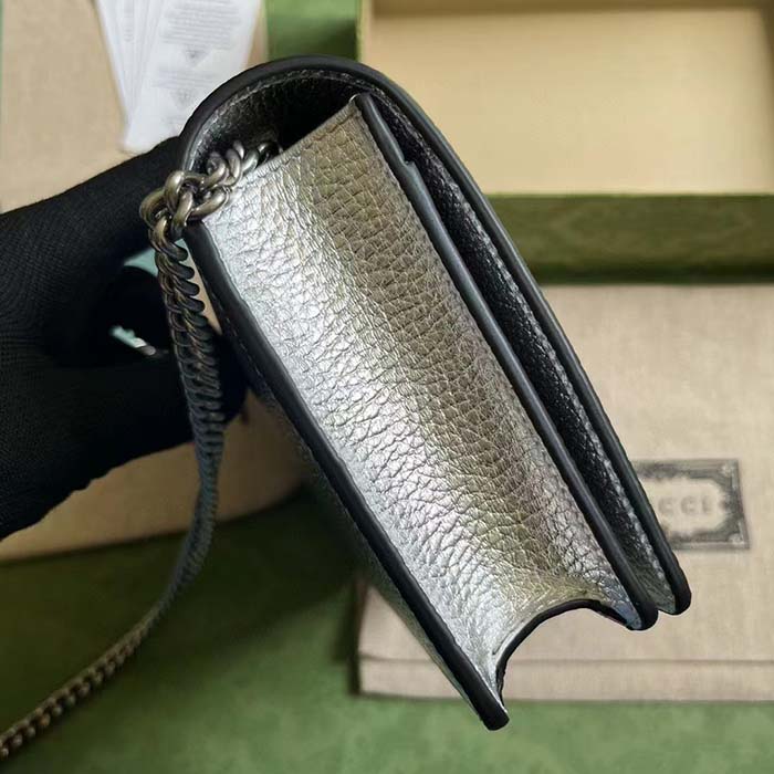 Gucci Women GG Marmont Mini Chain Bag Metallic Silver Leather Double G