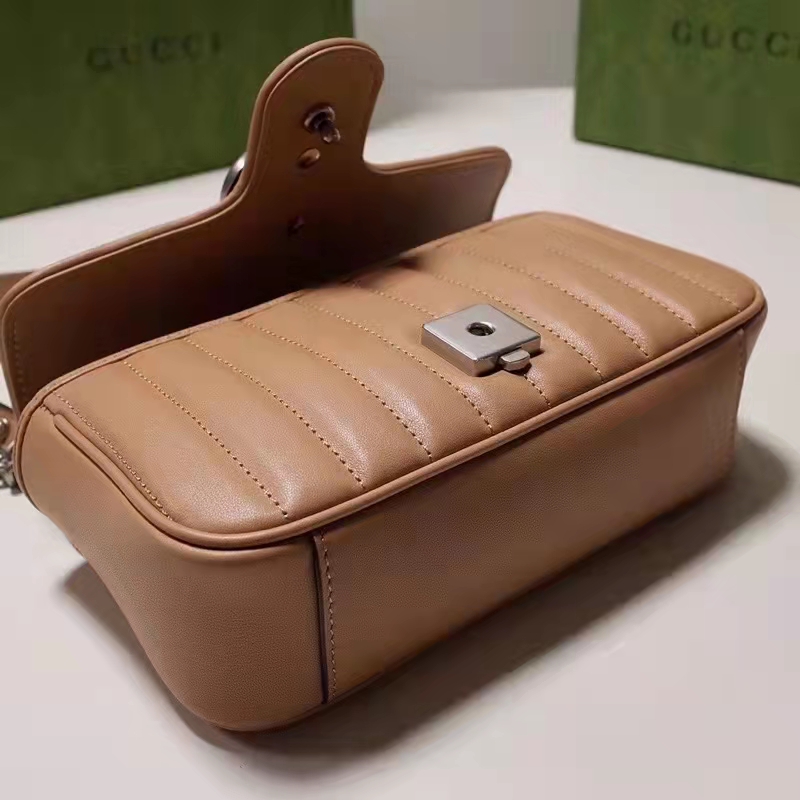 Gucci Women GG Marmont Small Shoulder Bag Beige Matelassé Leather Double G
