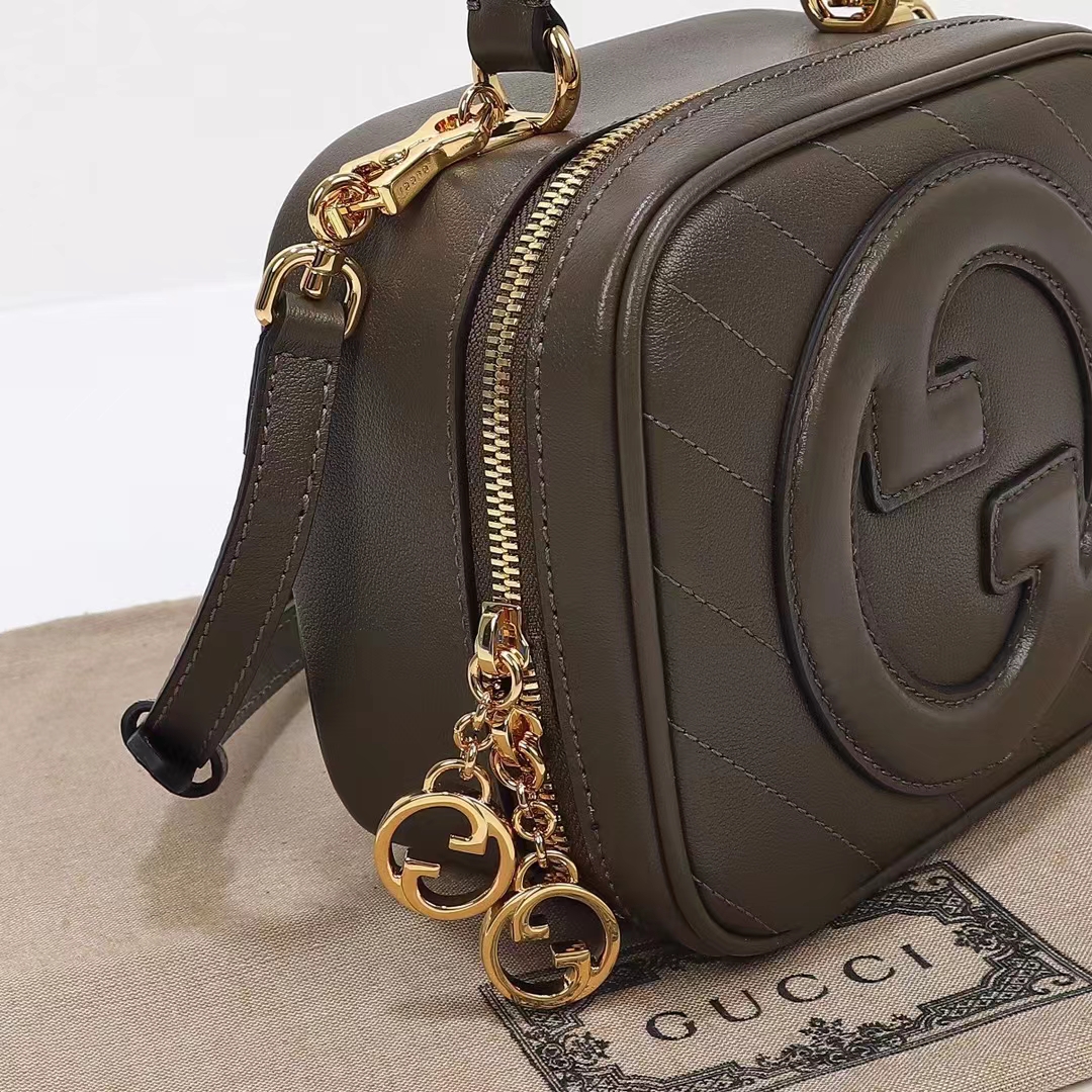 Gucci Women GG Blondie Top Handle Bag Brown Leather Round Interlocking G