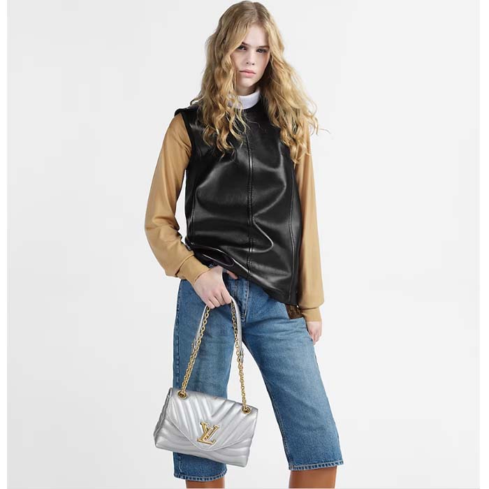 Louis Vuitton LV Women New Wave Chain Bag MM Metallic Gray Quilted Cowhide Leather