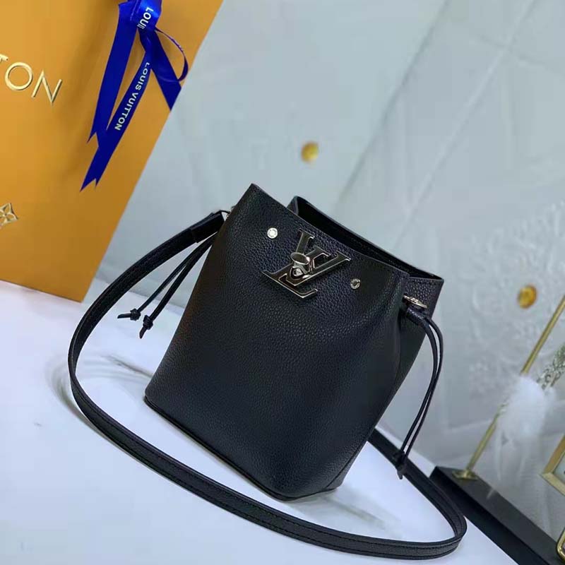 Louis Vuitton LV Women Nano Lockme Bucket Bag Black Grained Calf Leather
