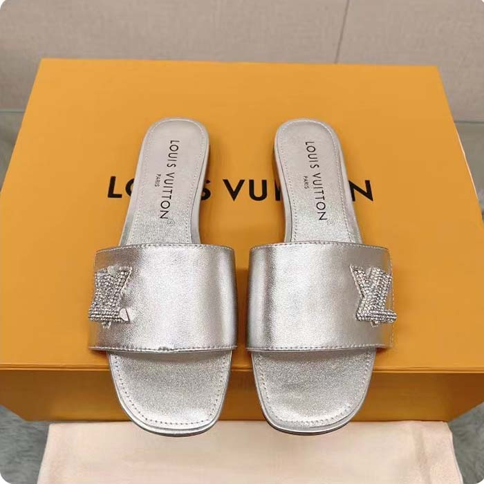 Louis Vuitton Women LV Shake Flat Mule Silver Metallic Lambskin Leather