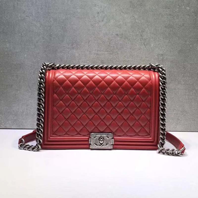 Chanel Women Large Leboy Flap Bag with Chain in Calfskin Leather-Red