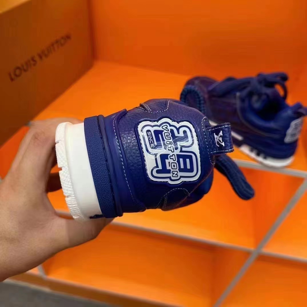 Louis Vuitton Unisex LV Skate Sneaker Blue Grained Calf Leather Double Laces Rubber Outsole