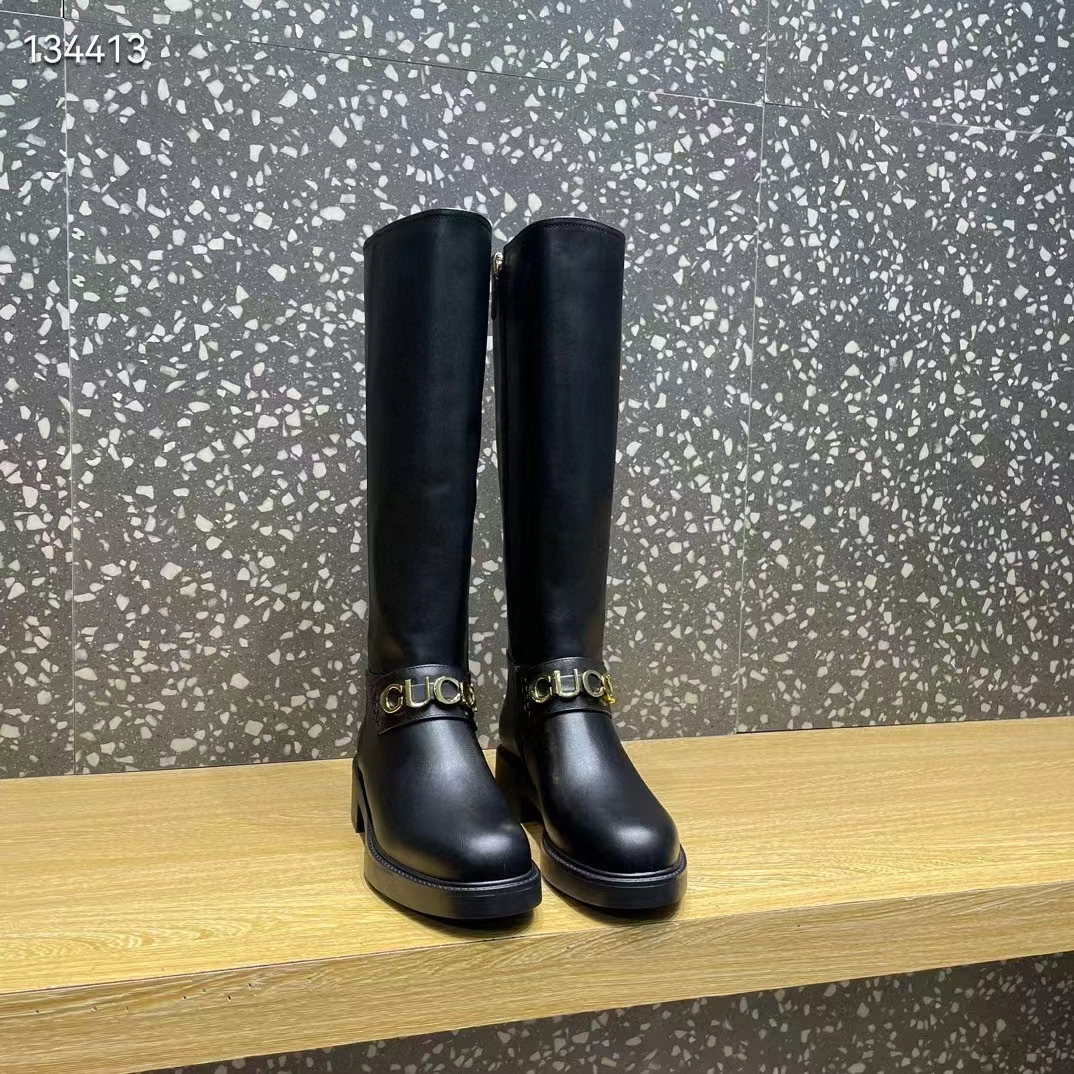 Gucci Women GG Gucci Boot Black Leather Rubber Sole Side Zip Closure Flat 2.3 CM Heel