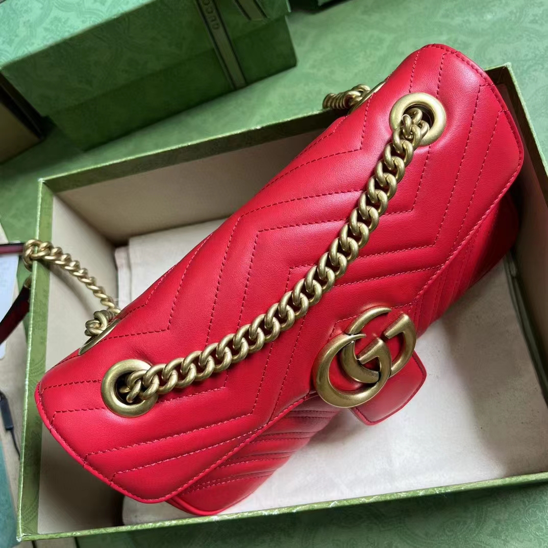 Gucci Women GG Marmont Small Shoulder Bag Red Matelassé Chevron Leather Double G