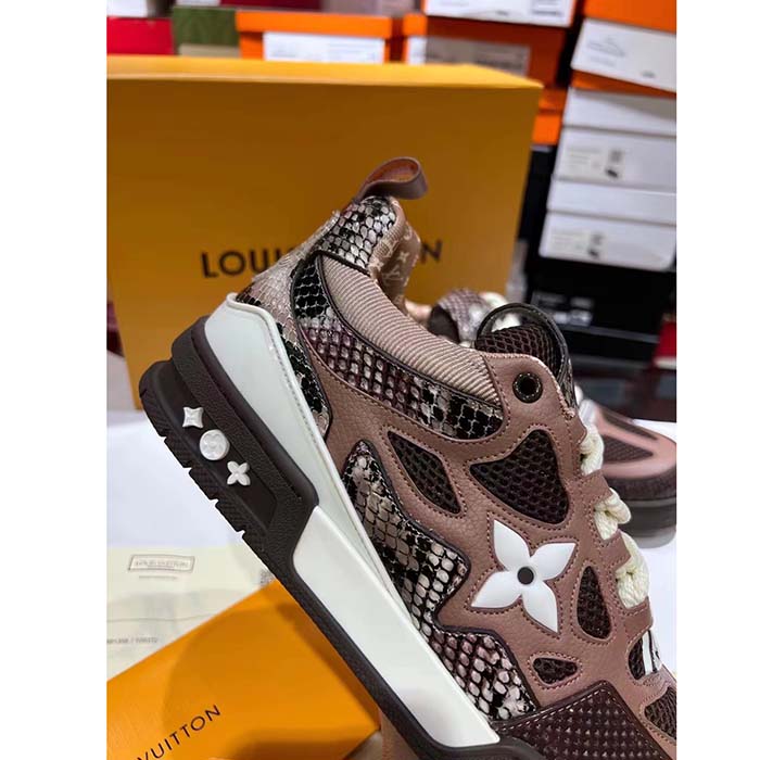 Louis Vuitton LV Unisex Skate Sneaker Brown Mesh Python-Like Embossed Leather Double Laces Rubber