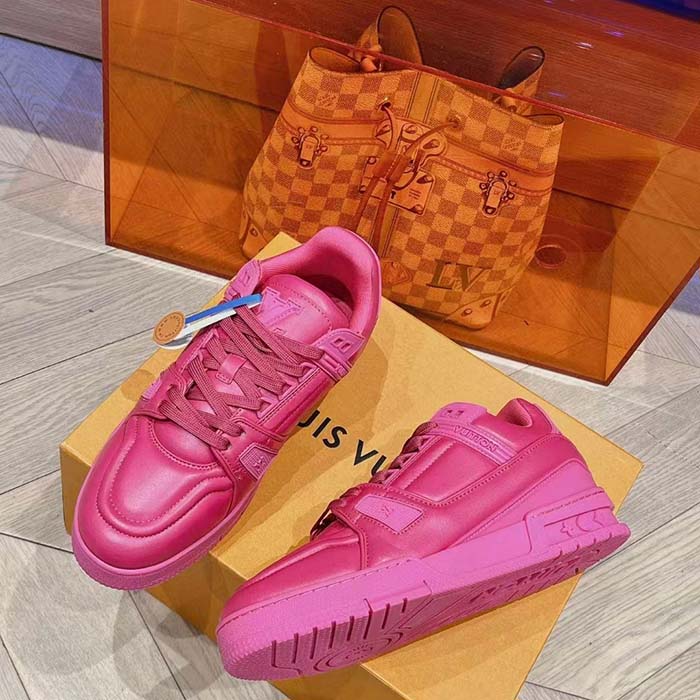 Louis Vuitton Unisex LV Trainer Sneaker Fuchsia Calf Leather Rubber Outsole Monogram Flower
