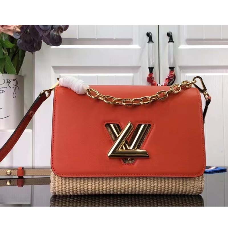 Louis Vuitton LV Women Twist MM Handbag Orange Raffia Smooth Cowhide Leather