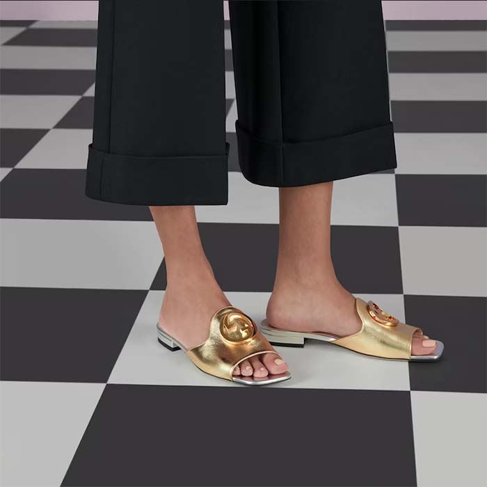 Gucci Women GG Gucci Nojum Blondie Slide Metallic Platinum Leather Round Interlocking G Flat