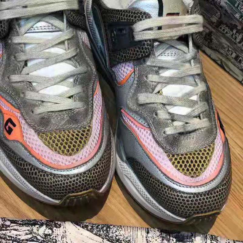 Gucci Unisex Ultrapace Sneaker with Embroidered Gucci and Interlocking G in Metallic Leather-Grey