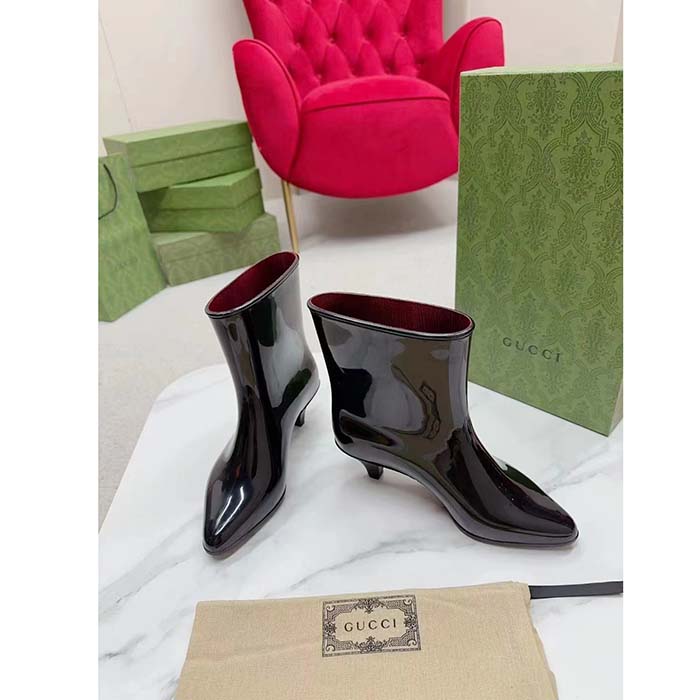 Gucci Women Interlocking G Ankle Boot Black Shiny Rubber Matte Point Toe Low-Heel