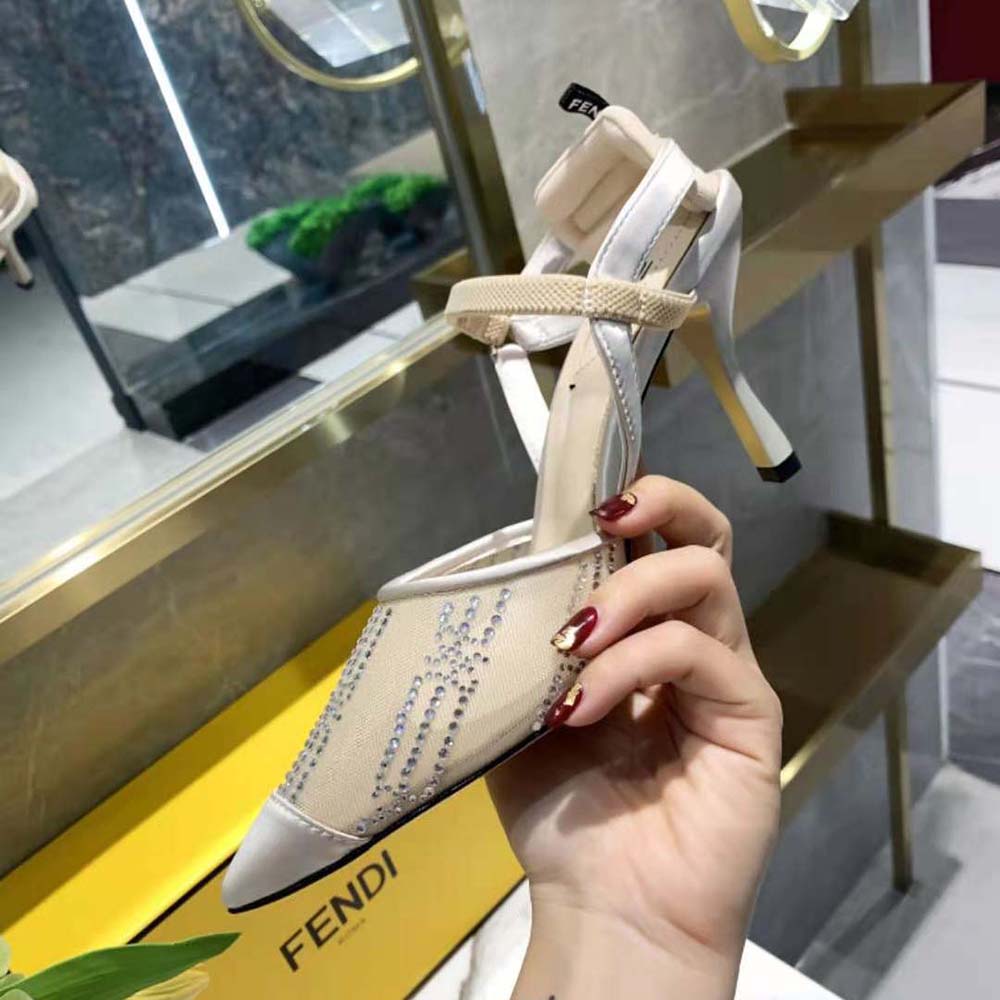 Fendi Women Colibri Pink Mesh High-Heeled Slingbacks with Rhinestone Embroidery