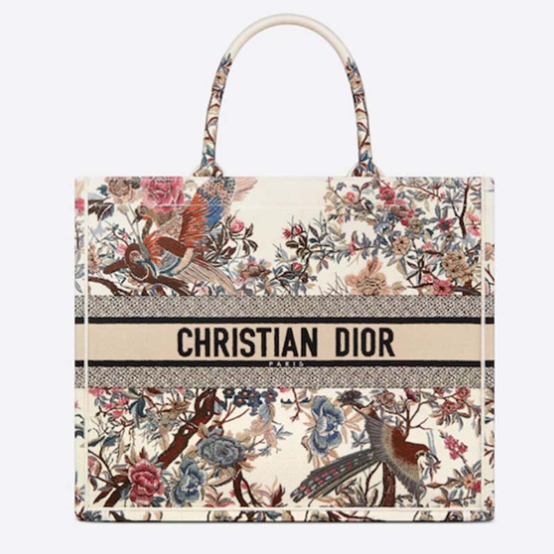 Dior Women CD Large Book Tote Ecru Multicolor Jardin D’Hiver Embroidery