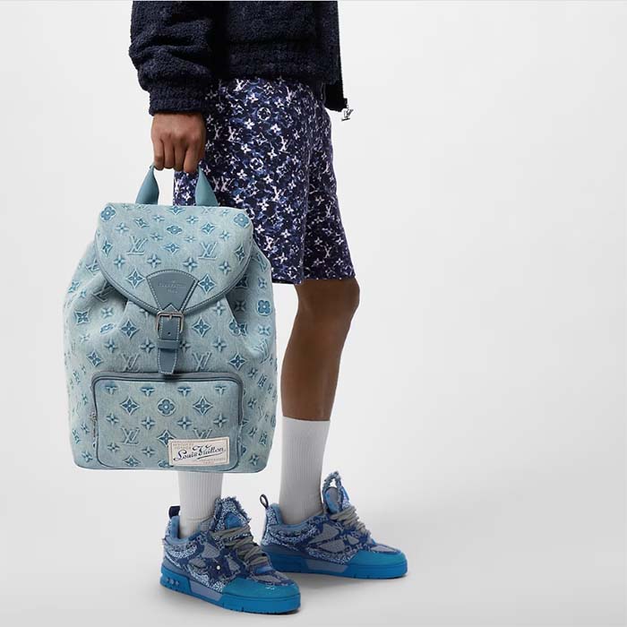 Louis Vuitton LV Unisex Montsouris Backpack Monogram Washed Denim Coated Canvas Cowhide Leather