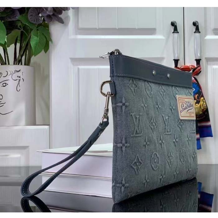 Louis Vuitton LV Unisex Pochette To Go Monogram Washed Denim Coated Canvas Cowhide Leather